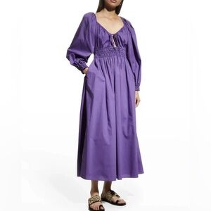 REBECCA TAYLOR Poplin 100% Cotton Smocked-waist Maxi Dress In Fox Glove Purple L